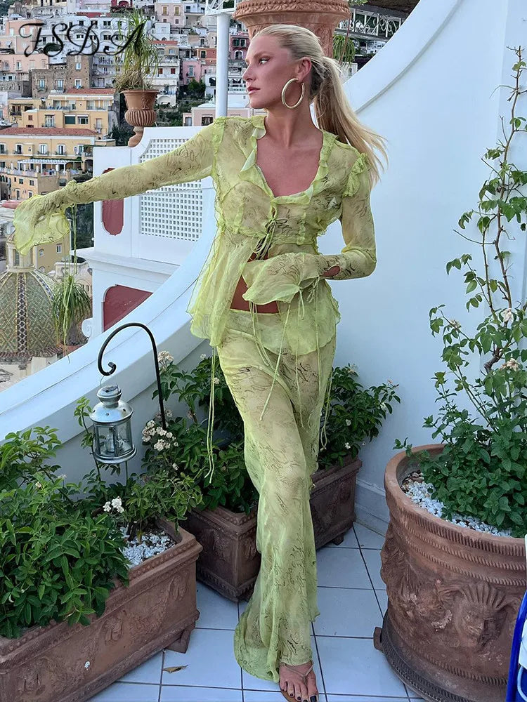LVSANW FSDA Print Y2K Mesh Long Sleeve Top Shirts Green And Maxi Skirt Bodycon Sexy Two Piece Sets Beach Outfits Women Club