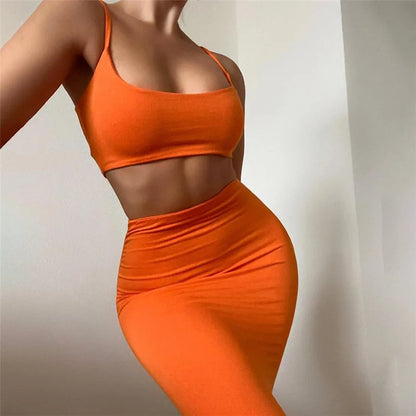 LVSANW 006 Women's Summer Dress Set Sexy Halter Crop Top Bodycon Skirt Set