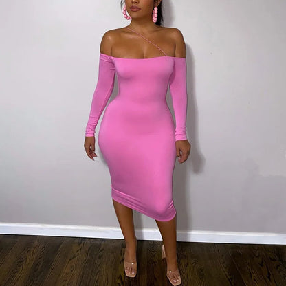 LVSANW 038 One Shoulder Backless Midi Dress Sexy Pink Dresses Ladies Black Slim Bodycon Party Dress