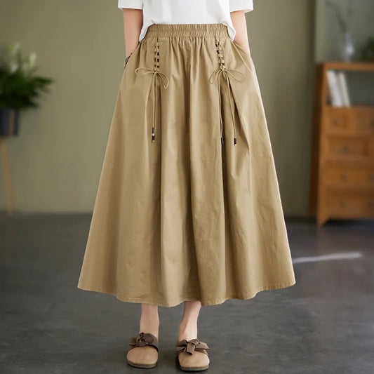 LVSANW 100% Cotton Women Casual Long Skirt New Arrival 2024 Summer Vintage Style Solid Color High Waist Female A-line Skirts B3653