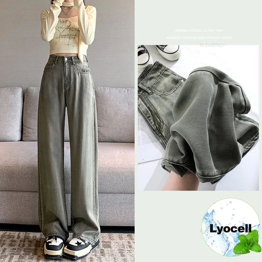 LVSANW 100% Lyocell Fabric Summer Ultra-thin Women's Jeans High Waist Baggy Straight Soft Ice Silk Drape Cool Pants Fashion Female