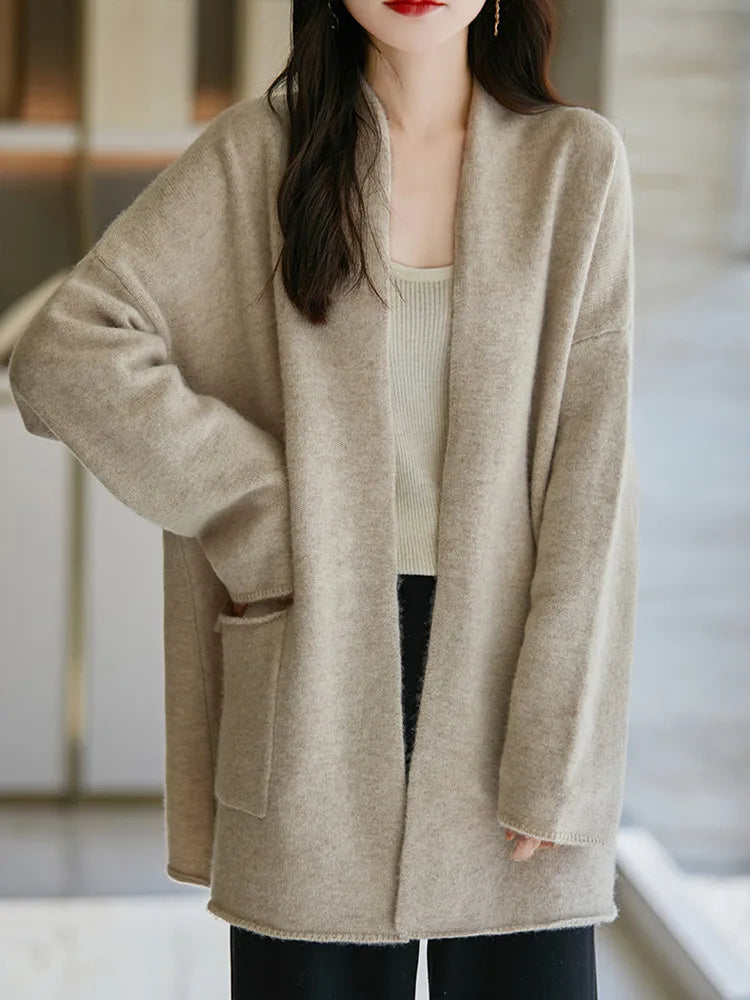 LVSANW 100% Pure Wool Sweater Cardigan Women's Mid-length Knit Jacket 2025 Autumn/Winter Loose Large Size Coat Cashmere Clothing Female