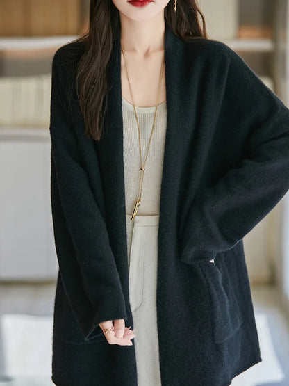 LVSANW 100% Pure Wool Sweater Cardigan Women's Mid-length Knit Jacket 2025 Autumn/Winter Loose Large Size Coat Cashmere Clothing Female