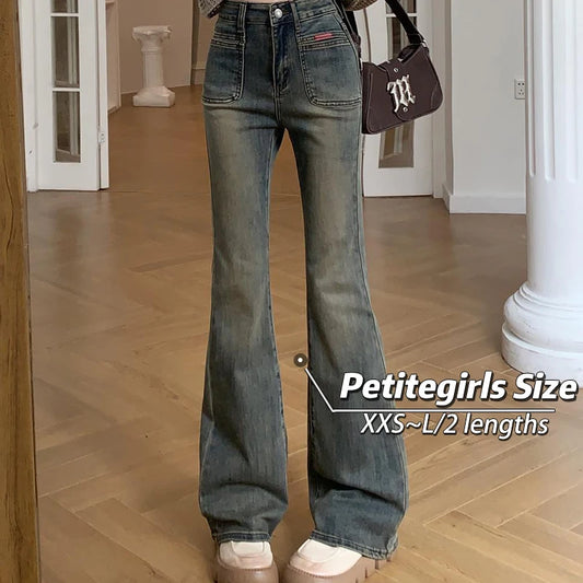 LVSANW 150 Petite girls wash made old micro flared jeans High waisted straight leg narrow version horseshoe pants xs show height