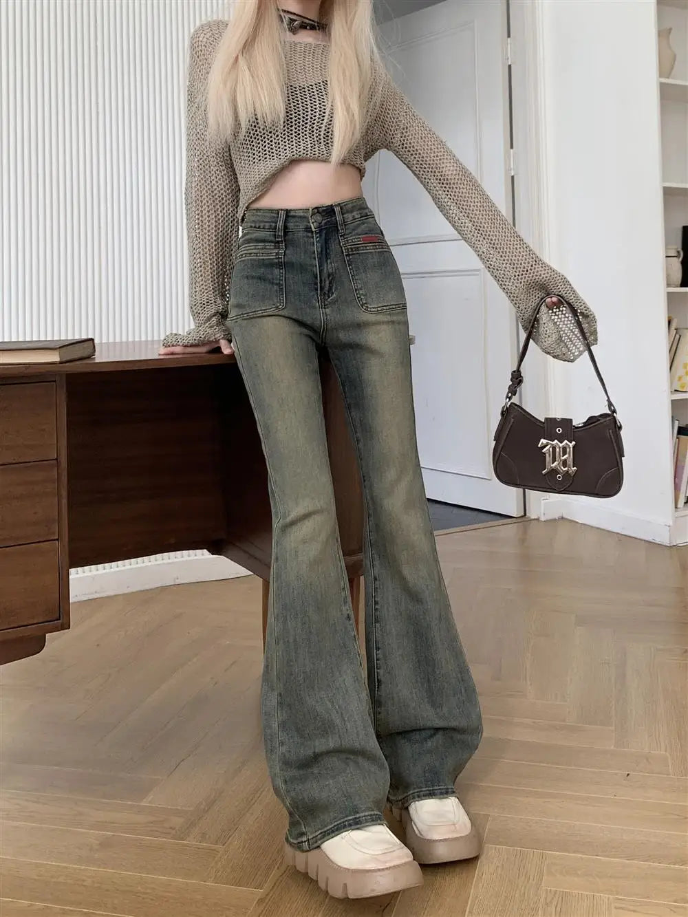 LVSANW 150 Petite girls wash made old micro flared jeans High waisted straight leg narrow version horseshoe pants xs show height