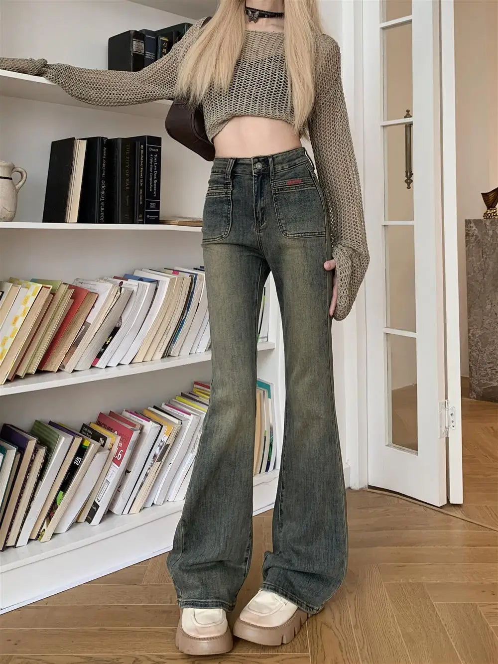 LVSANW 150 Petite girls wash made old micro flared jeans High waisted straight leg narrow version horseshoe pants xs show height