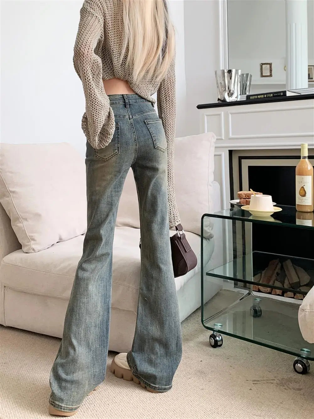 LVSANW 150 Petite girls wash made old micro flared jeans High waisted straight leg narrow version horseshoe pants xs show height