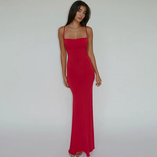 LVSANW 161 red Sexy Backless Sleeveless Slip Maxi Dress for Women Elegant Summer Holiday Beach Sundresses