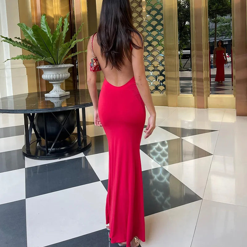 LVSANW 161 red Sexy Backless Sleeveless Slip Maxi Dress for Women Elegant Summer Holiday Beach Sundresses