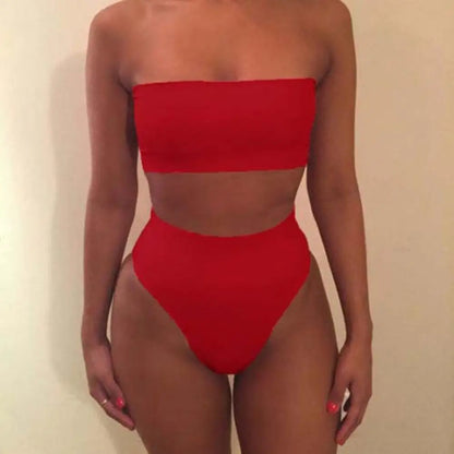 LVSANW 2 Pcs/Set Women Bikini Set Solid Color Elastic High Waist Strapless Lady Swimsuit Summer Sleeveelss Bathing Suit for Swimming