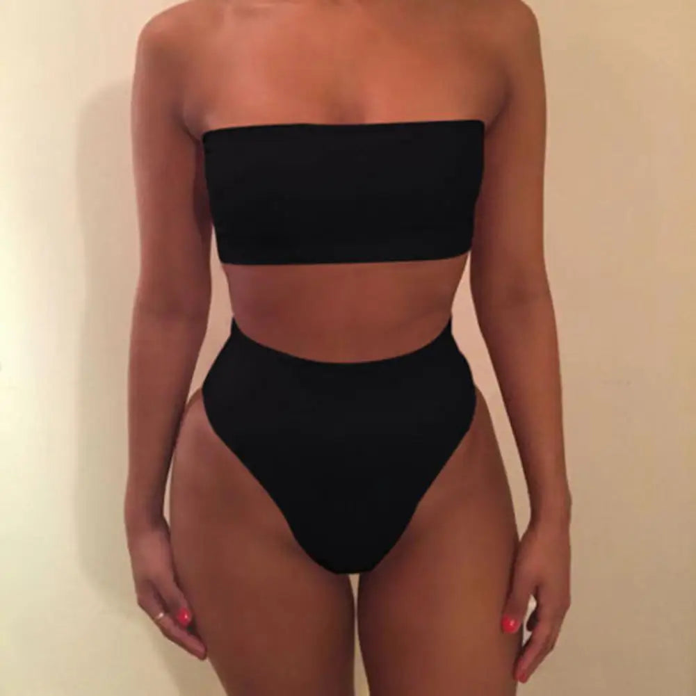 LVSANW 2 Pcs/Set Women Bikini Set Solid Color Elastic High Waist Strapless Lady Swimsuit Summer Sleeveelss Bathing Suit for Swimming