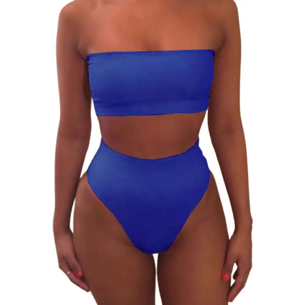 LVSANW 2 Pcs/Set Women Bikini Set Solid Color Elastic High Waist Strapless Lady Swimsuit Summer Sleeveelss Bathing Suit for Swimming