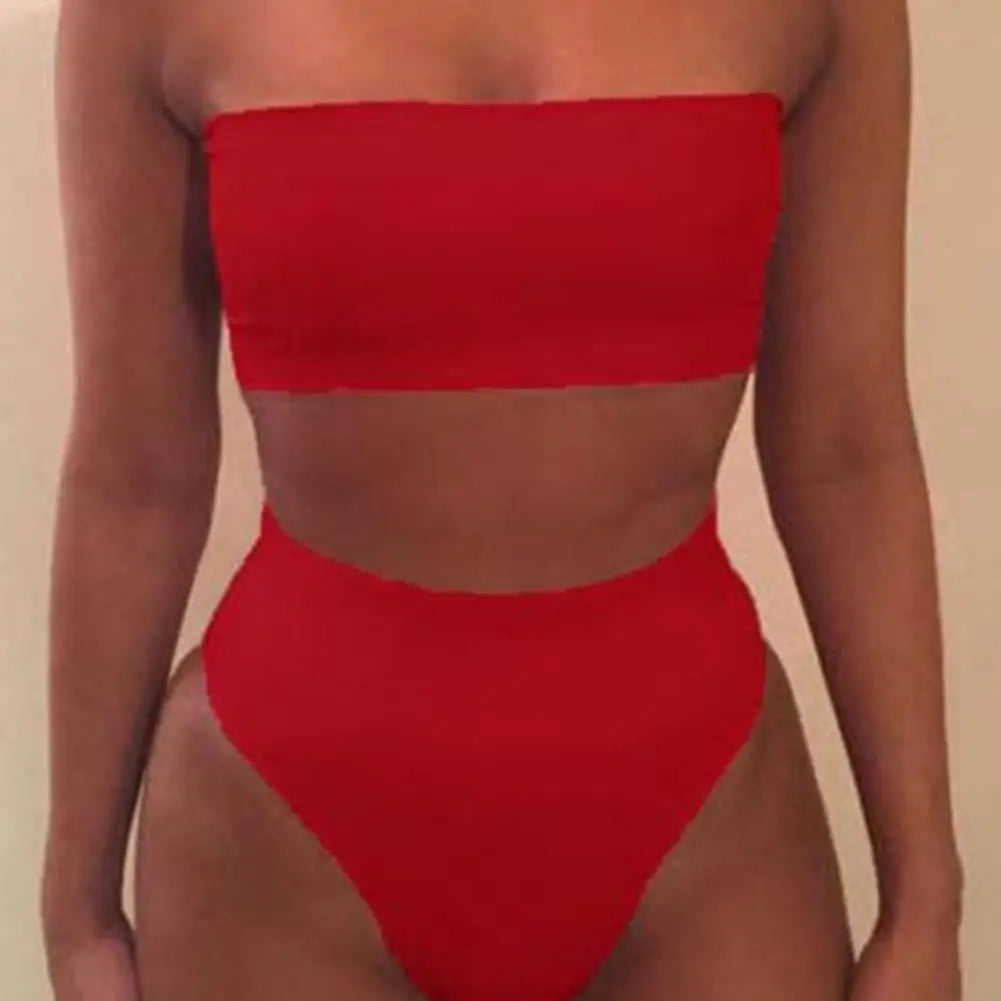 LVSANW 2 Pcs/Set Women Bikini Set Solid Color Elastic High Waist Strapless Lady Swimsuit Summer Sleeveelss Bathing Suit for Swimming