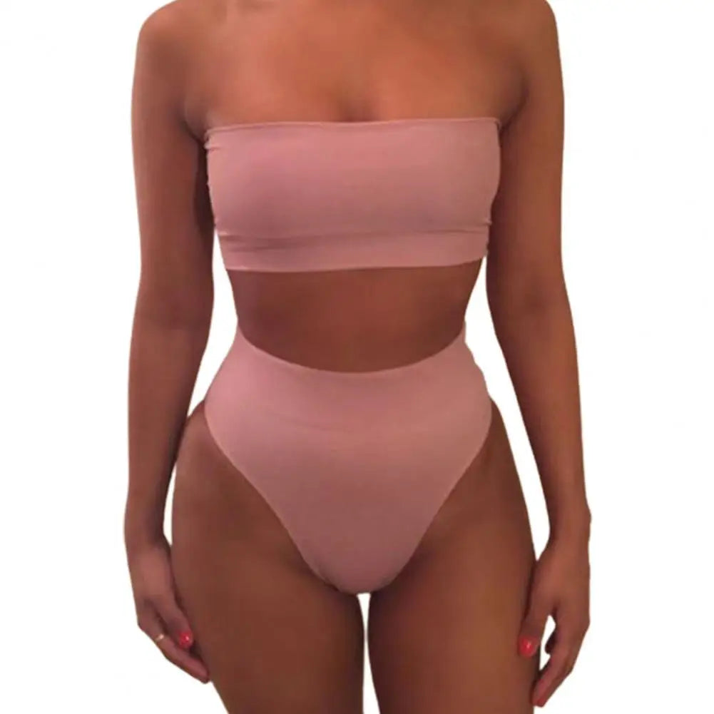 LVSANW 2 Pcs/Set Women Bikini Set Solid Color Elastic High Waist Strapless Lady Swimsuit Summer Sleeveelss Bathing Suit for Swimming