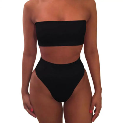 LVSANW 2 Pcs/Set Women Bikini Set Solid Color Elastic High Waist Strapless Lady Swimsuit Summer Sleeveelss Bathing Suit for Swimming