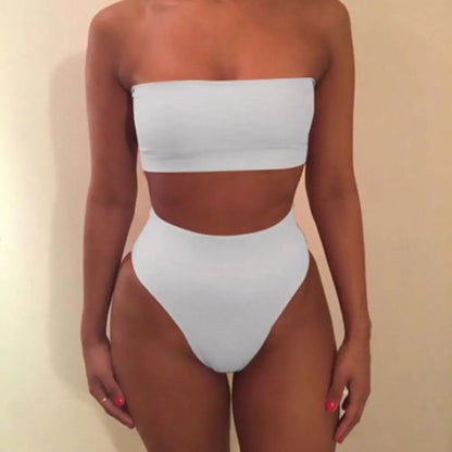 LVSANW 2 Pcs/Set Women Bikini Set Solid Color Elastic High Waist Strapless Lady Swimsuit Summer Sleeveelss Bathing Suit for Swimming