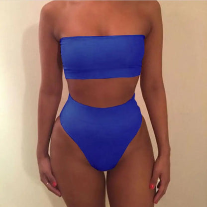 LVSANW 2 Pcs/Set Women Bikini Set Solid Color Elastic High Waist Strapless Lady Swimsuit Summer Sleeveelss Bathing Suit for Swimming