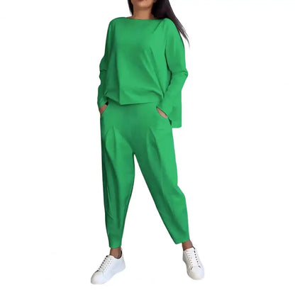 LVSANW 2 Pcs/Set Women Outfit Top Pants Set Long Sleeves T-shirt Elastic Waist Harem Trousers with Pockets Sport Pantsuit Outfit