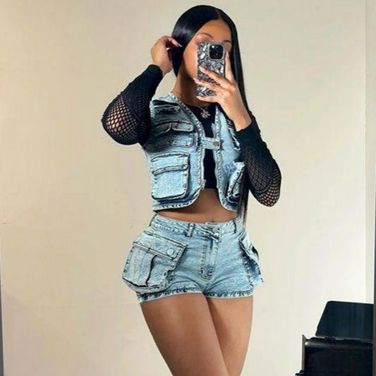 LVSANW 2 Pieces Set Sexy 2024 Summer Spring Fashion Women Set Solid Color Sleeveless Denim Jeans  And Shorts Suit Matching Sets Outfit