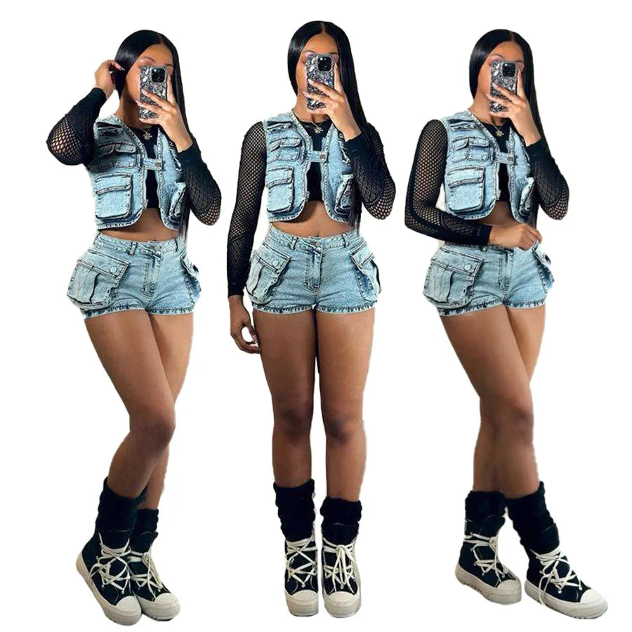 LVSANW 2 Pieces Set Sexy 2024 Summer Spring Fashion Women Set Solid Color Sleeveless Denim Jeans  And Shorts Suit Matching Sets Outfit