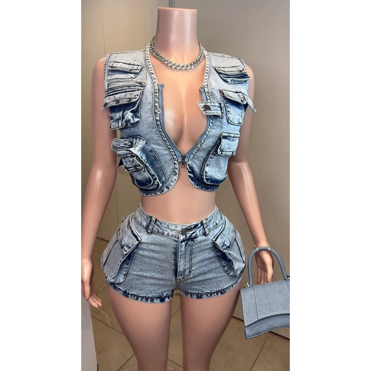 LVSANW 2 Pieces Set Sexy 2024 Summer Spring Fashion Women Set Solid Color Sleeveless Denim Jeans  And Shorts Suit Matching Sets Outfit