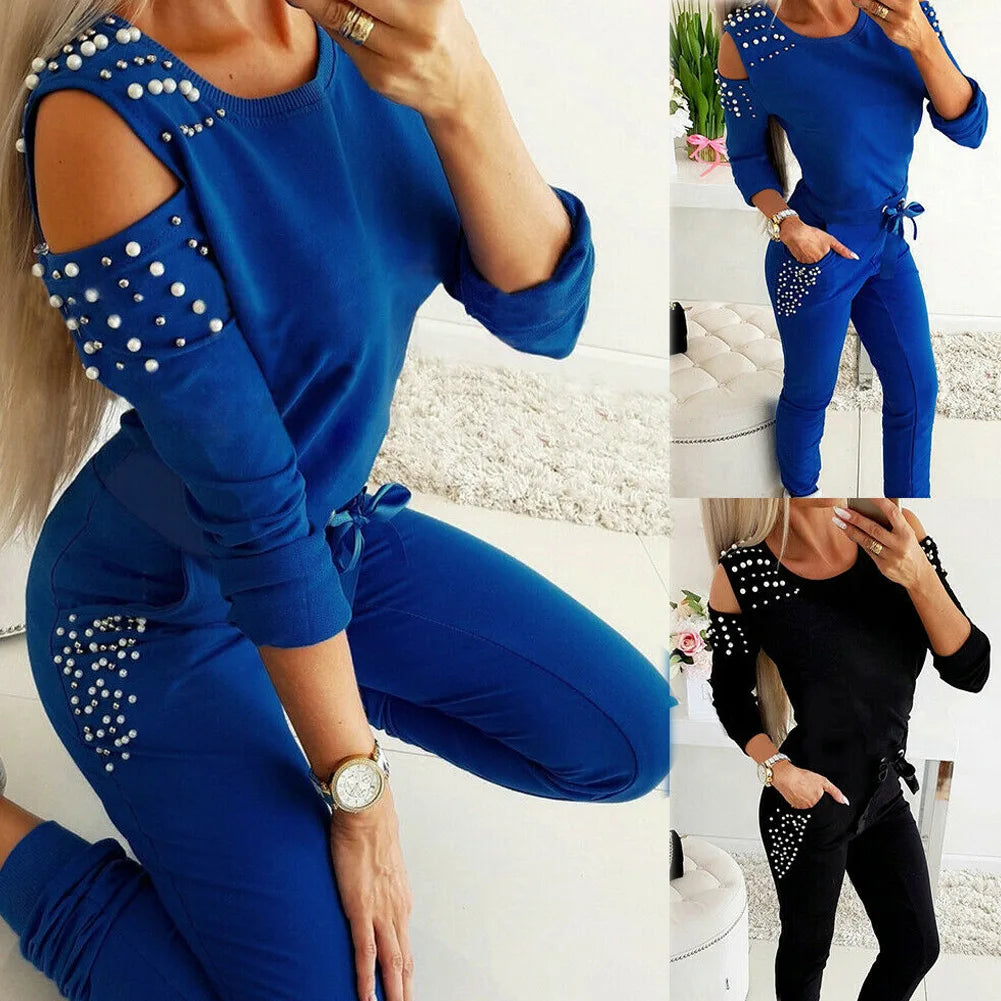 LVSANW 2 Pieces Set Women Europe Fall 2024 Outfit Sexy Nail Bead Pure Color Round Collar Long Suit Sports Set Dropshipping ZXP9596