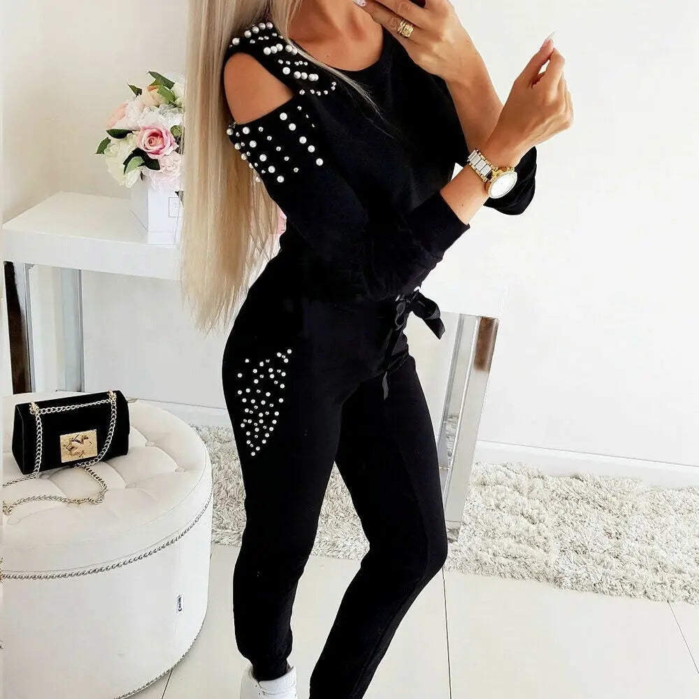 LVSANW 2 Pieces Set Women Europe Fall 2024 Outfit Sexy Nail Bead Pure Color Round Collar Long Suit Sports Set Dropshipping ZXP9596