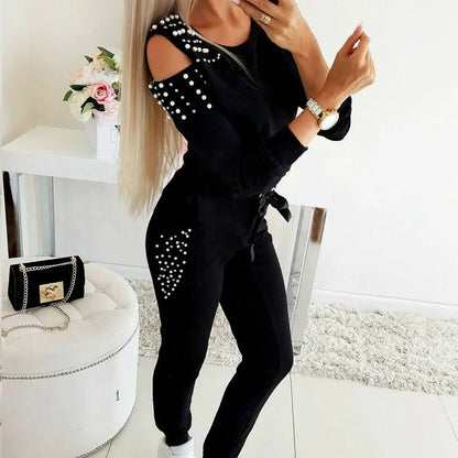 LVSANW 2 Pieces Set Women Europe Fall 2024 Outfit Sexy Nail Bead Pure Color Round Collar Long Suit Sports Set Dropshipping ZXP9596