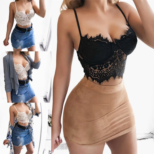 LVSANW 2024 New Female Lace Hollow Tanks Camis Bra Underwear Bikini Top Underwear Bralett Lace Strap Wrapped Chest Shirt Top For Women