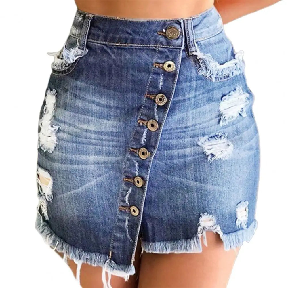 LVSANW 2024 New Women Short Denim Skirt High Waist Ripped Holes Denim Multi Breasted Irregular Tassel Denim Black Blue Skirt Streetwear