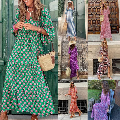 LVSANW 2024 Bohemian Lantern Sleeve Long Dress Printing Large Praise Women's Amazon Dress Cross-border European American Style