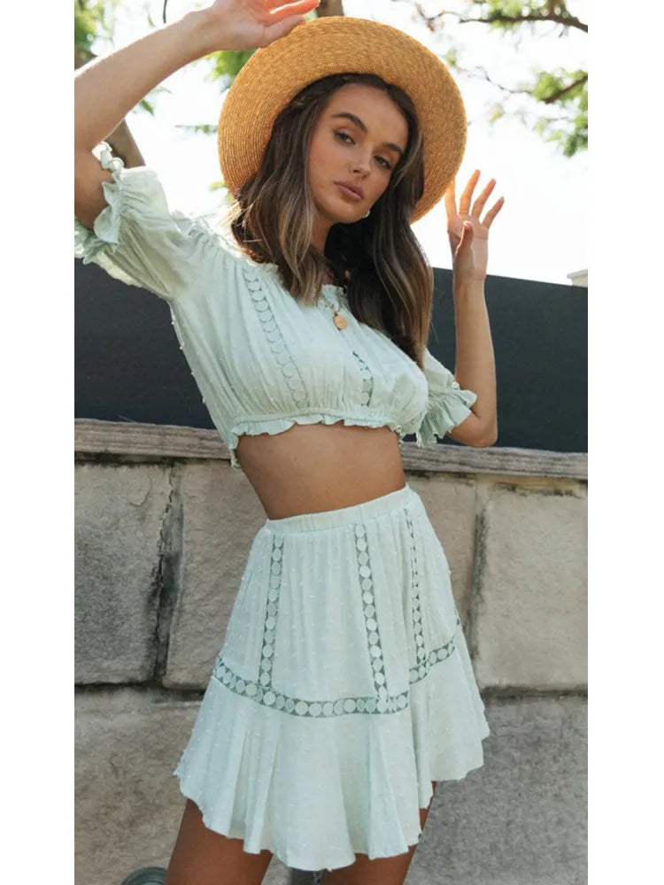 LVSANW 2024 Summer Two Piece Sets Women Bohemian Casual Beach Skirts 2Pcs Sets Lace Off Shoulder Crop Tops and Short Pleated Skirt