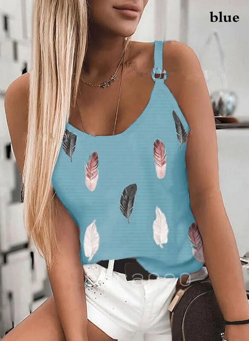 LVSANW 2024 Summer Women Wear New Pattern Fashion T-Shirt Summer Casual Feather Print Sleeveless Tank Tops Camisole Coat