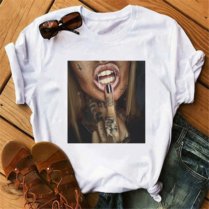 LVSANW 2024 Women T Shirt Print Tee Shirt O-Neck Tops Tees Summer Style Female T-Shirt Fashion Ladies Funny T-shirts Black Punk Tees