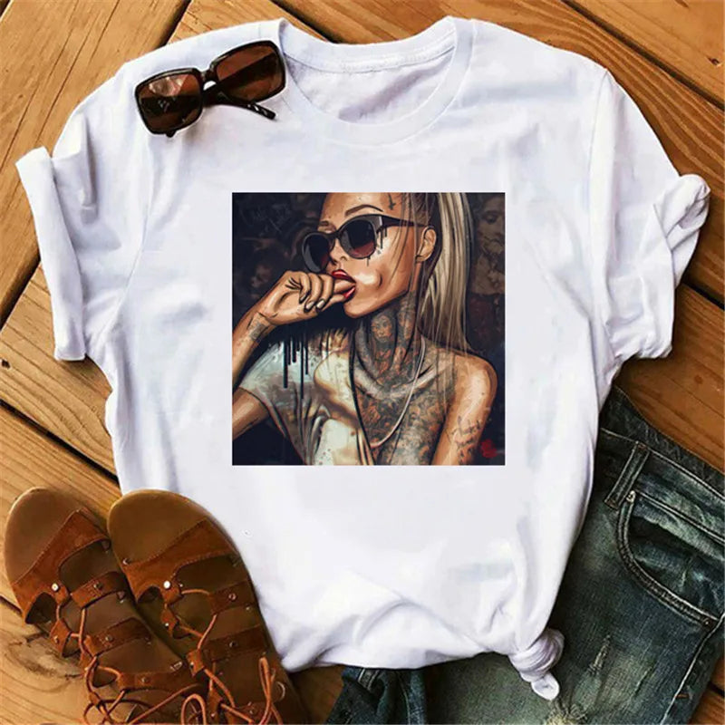 LVSANW 2024 Women T Shirt Print Tee Shirt O-Neck Tops Tees Summer Style Female T-Shirt Fashion Ladies Funny T-shirts Black Punk Tees