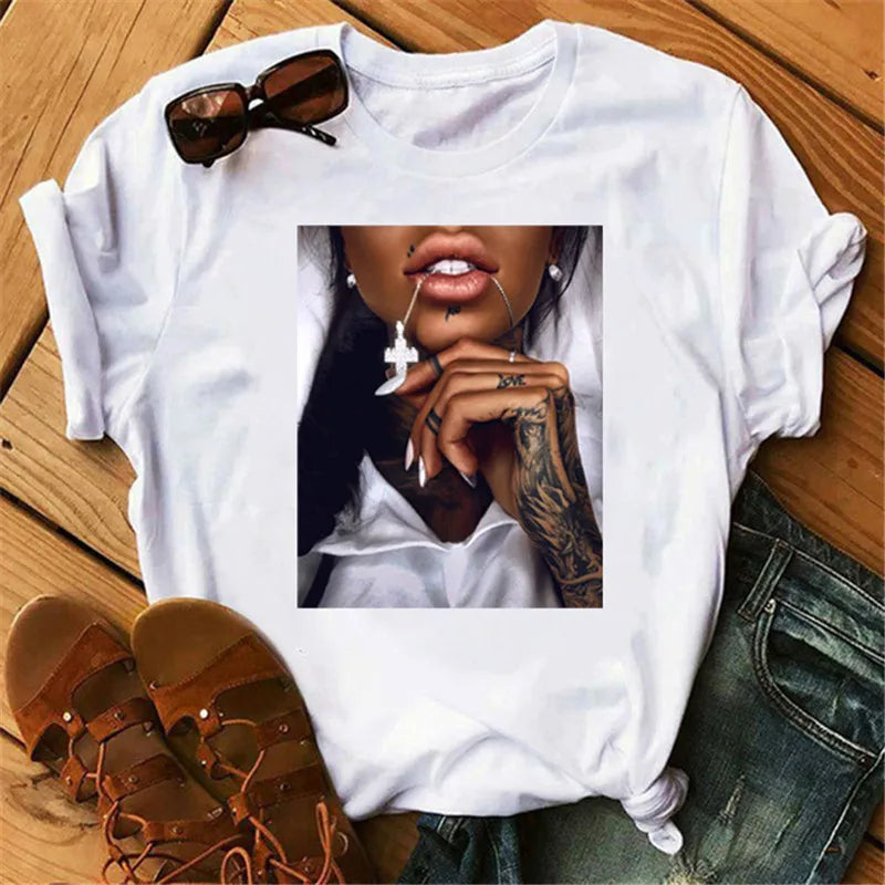 LVSANW 2024 Women T Shirt Print Tee Shirt O-Neck Tops Tees Summer Style Female T-Shirt Fashion Ladies Funny T-shirts Black Punk Tees