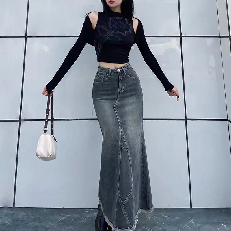 LVSANW 2024 Autumn Retro Classic All-Match Skirt Women Casual Commuter Outing Tight Sexy Irregular Long Denim Vitality Skirt Girl Cool