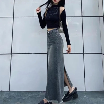 LVSANW 2024 Autumn Retro Classic All-Match Skirt Women Casual Commuter Outing Tight Sexy Irregular Long Denim Vitality Skirt Girl Cool