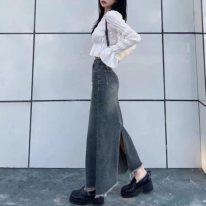 LVSANW 2024 Autumn Retro Classic All-Match Skirt Women Casual Commuter Outing Tight Sexy Irregular Long Denim Vitality Skirt Girl Cool