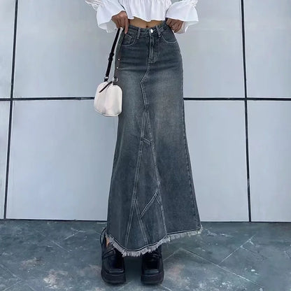 LVSANW 2024 Autumn Retro Classic All-Match Skirt Women Casual Commuter Outing Tight Sexy Irregular Long Denim Vitality Skirt Girl Cool