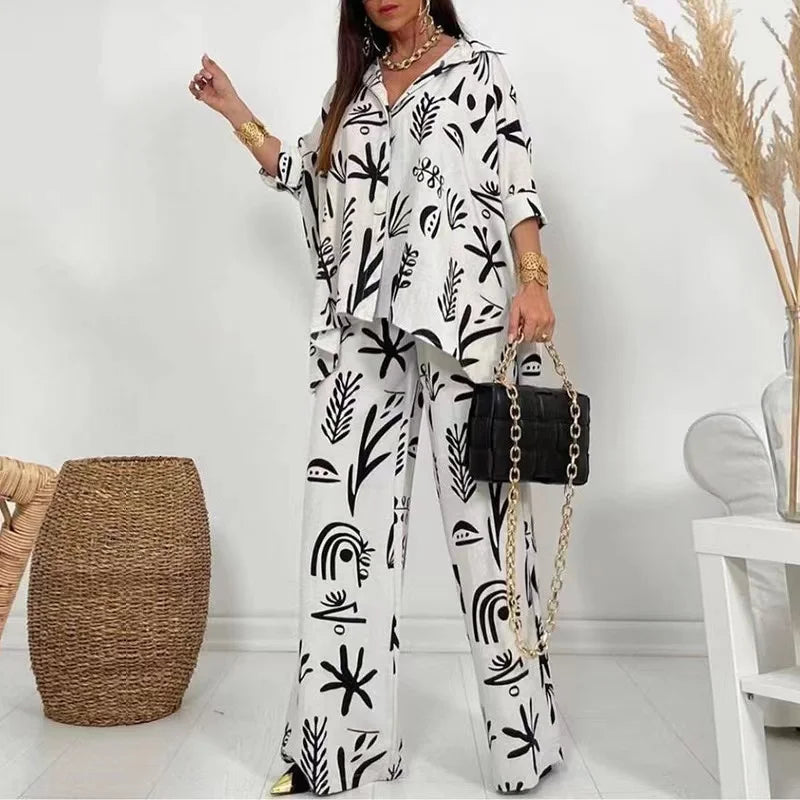 LVSANW 2024 Autumn Wide Leg Pants Two Piece Sets Outfits Womens Spring Long Sleeve Button Down Shirt Suit Casual 2pcs Set For Female