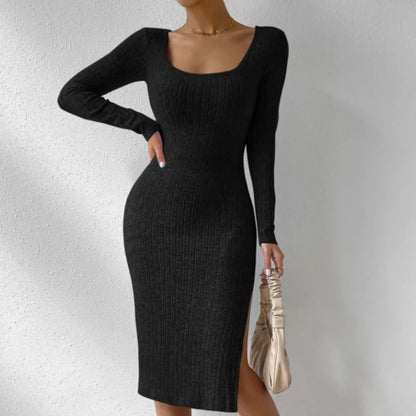 LVSANW 2024 Autumn/Winter New European and American Square Neck Long Sleeve Popular Versatile Solid Color Split Slim Women's Dress