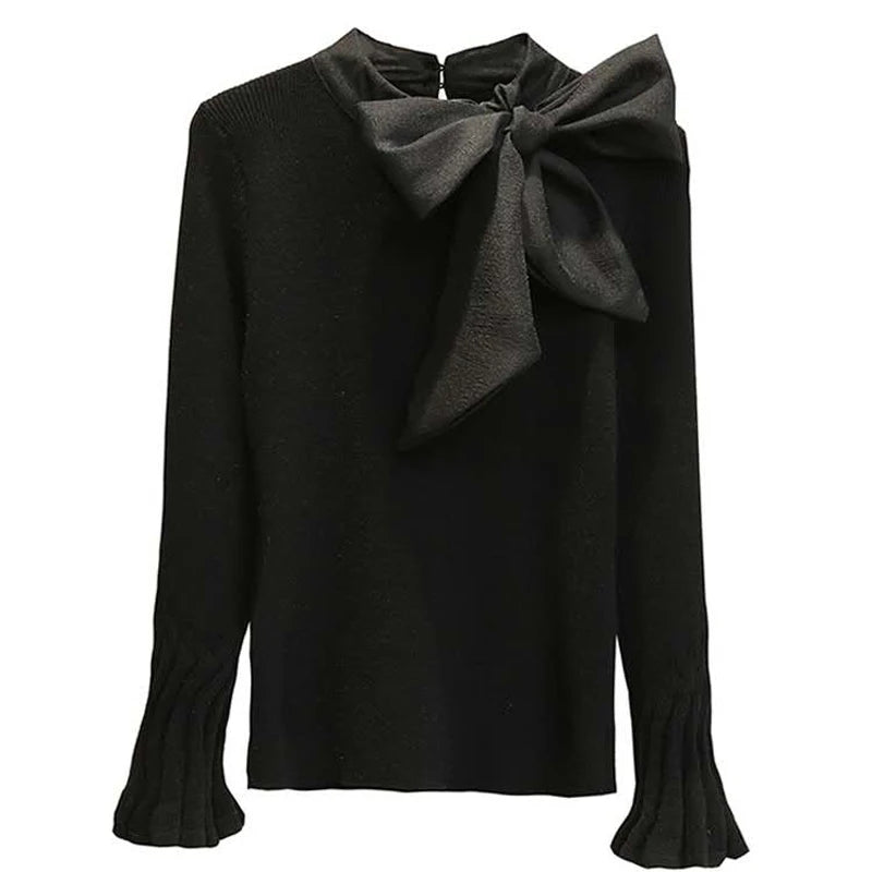 LVSANW 2024 Autumn Women Sweaters Korean Style Knitted Ladies Pullovers Flare Sleeve Elegant Sweater Tees Belt Bow Tops Big Bow Collar