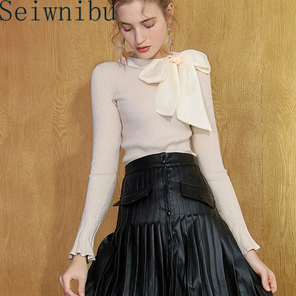 LVSANW 2024 Autumn Women Sweaters Korean Style Knitted Ladies Pullovers Flare Sleeve Elegant Sweater Tees Belt Bow Tops Big Bow Collar