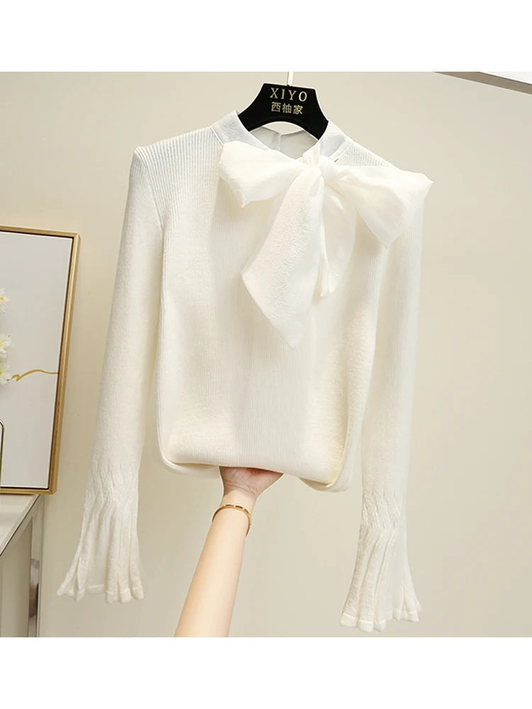 LVSANW 2024 Autumn Women Sweaters Korean Style Knitted Ladies Pullovers Flare Sleeve Elegant Sweater Tees Belt Bow Tops Big Bow Collar