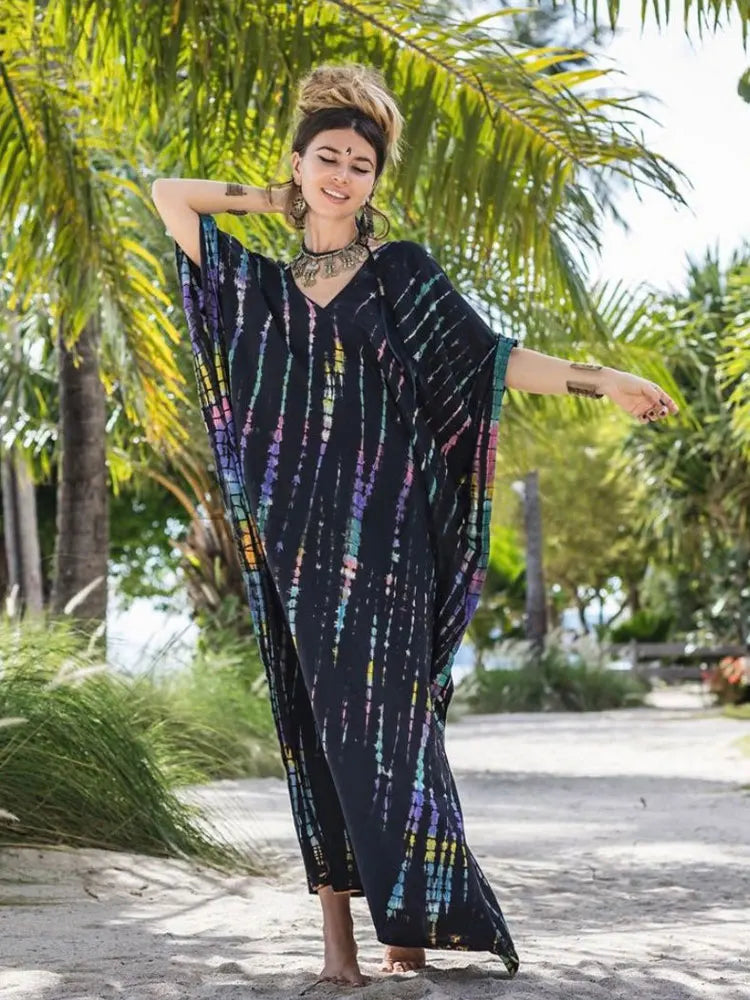 LVSANW 2024 Bohemian Printed V-neck Batwing Sleeve Side Split Loose Dress For Women Clothes Plus Size Beachwear Maxi Dresses Q1218