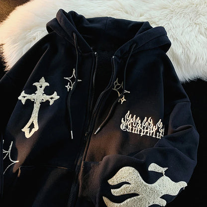 LVSANW 2025 European and American Autumn/Winter Hoodie Embroidered Cross Flame Coat Plush Couple Loose Top Sweater