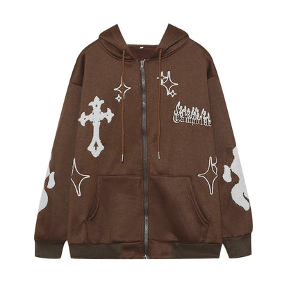 LVSANW 2025 European and American Autumn/Winter Hoodie Embroidered Cross Flame Coat Plush Couple Loose Top Sweater