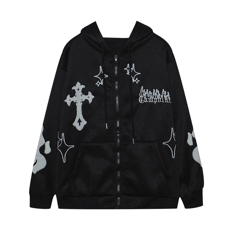 LVSANW 2025 European and American Autumn/Winter Hoodie Embroidered Cross Flame Coat Plush Couple Loose Top Sweater