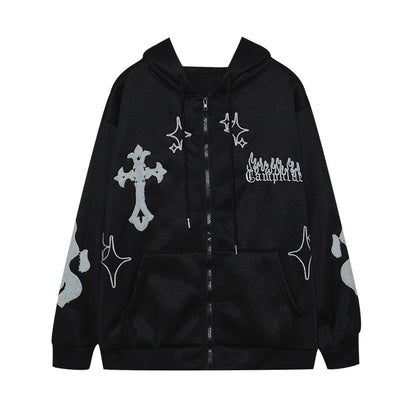 LVSANW 2025 European and American Autumn/Winter Hoodie Embroidered Cross Flame Coat Plush Couple Loose Top Sweater